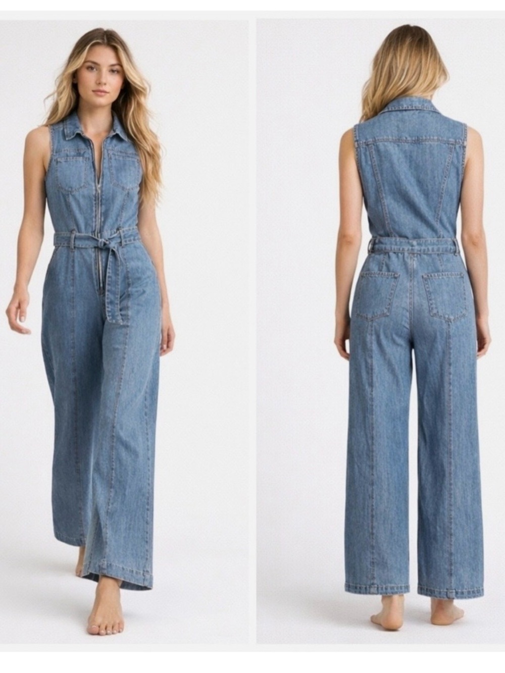 Frame Denim Sleeveless Denim Jumpsuit in Medium Blue Wash